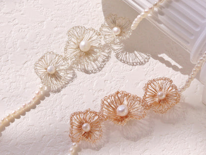 Woven Three-Flower Pearl Choker – Hand-crafted Bridal Wedding Necklace (40cm)