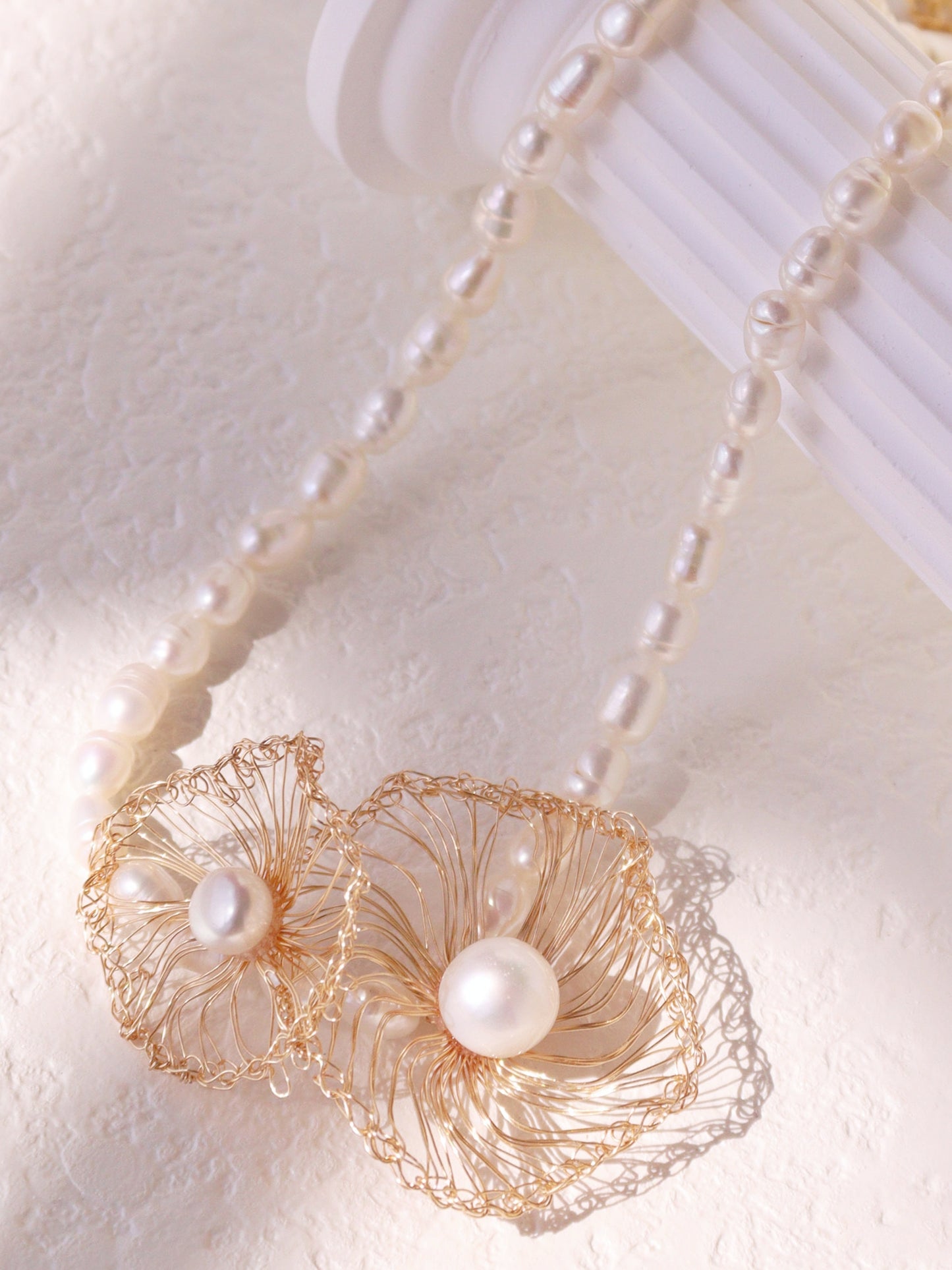 "Mother and Child" Two-Flower Pearl Necklace – Asymmetrical Artisan Choker