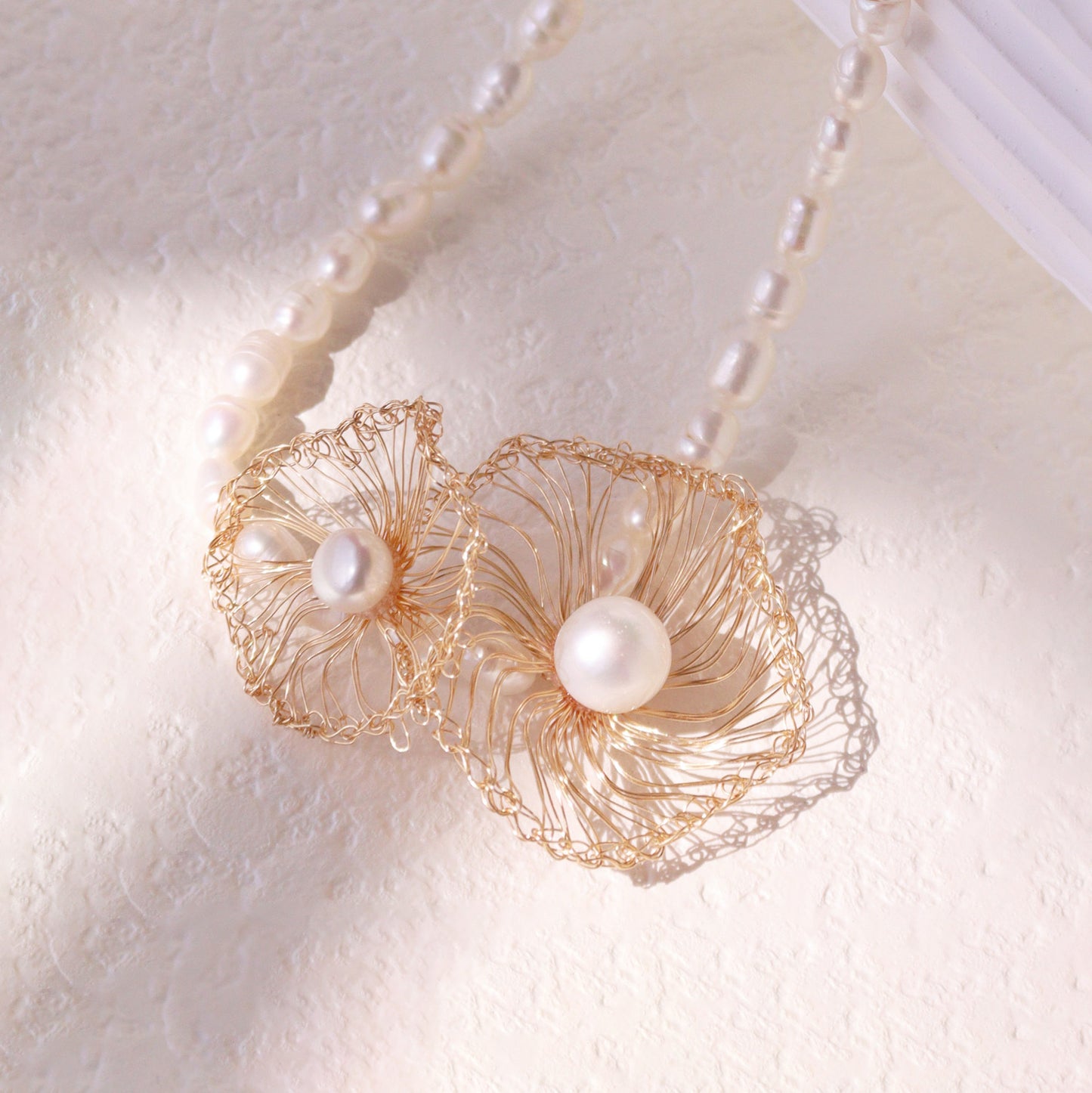 "Mother and Child" Two-Flower Pearl Necklace – Asymmetrical Artisan Choker