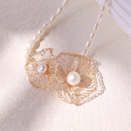 "Mother and Child" Two-Flower Pearl Necklace – Asymmetrical Artisan Choker