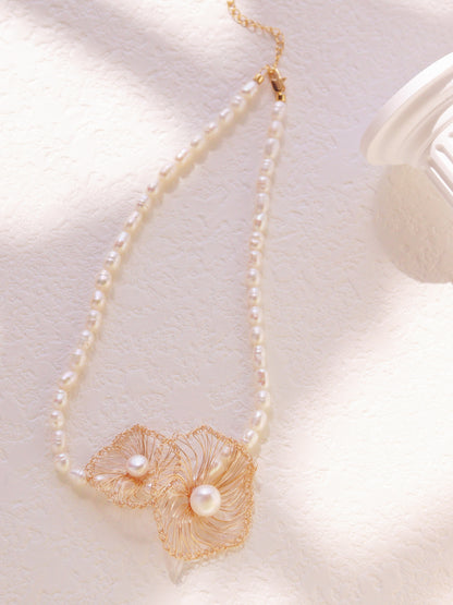 "Mother and Child" Two-Flower Pearl Necklace – Asymmetrical Artisan Choker