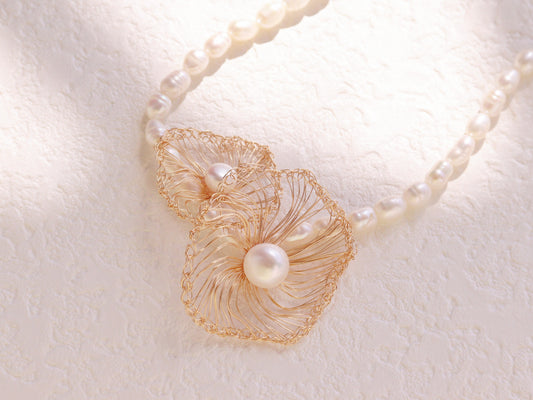 "Mother and Child" Two-Flower Pearl Necklace – Asymmetrical Artisan Choker