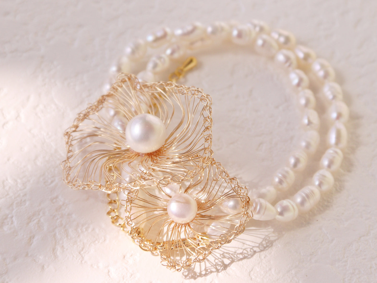 "Mother and Child" Two-Flower Pearl Necklace – Asymmetrical Artisan Choker
