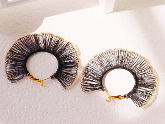 Black and Gold Fan Hoop Earrings – Large 6cm Statement Half-Circle Dangles