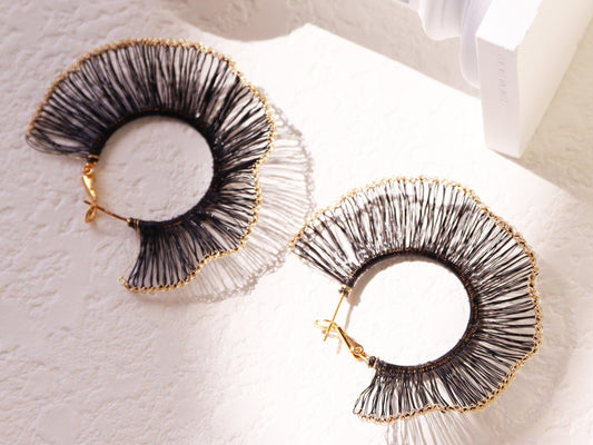 Black and Gold Fan Hoop Earrings – Large 6cm Statement Half-Circle Dangles
