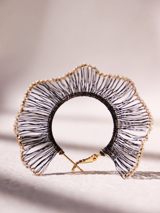 Black and Gold Fan Hoop Earrings – Large 6cm Statement Half-Circle Dangles