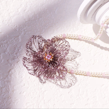 Amethyst Double Bloom Flower Choker – Hand-Crocheted Pearl Statement Necklace