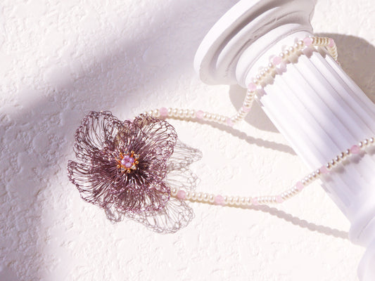 Amethyst Double Bloom Flower Choker – Hand-Crocheted Pearl Statement Necklace