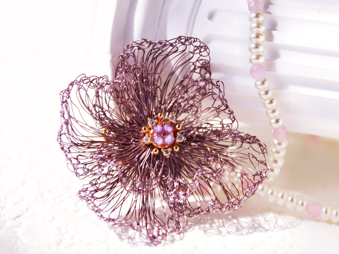 Amethyst Double Bloom Flower Choker – Hand-Crocheted Pearl Statement Necklace