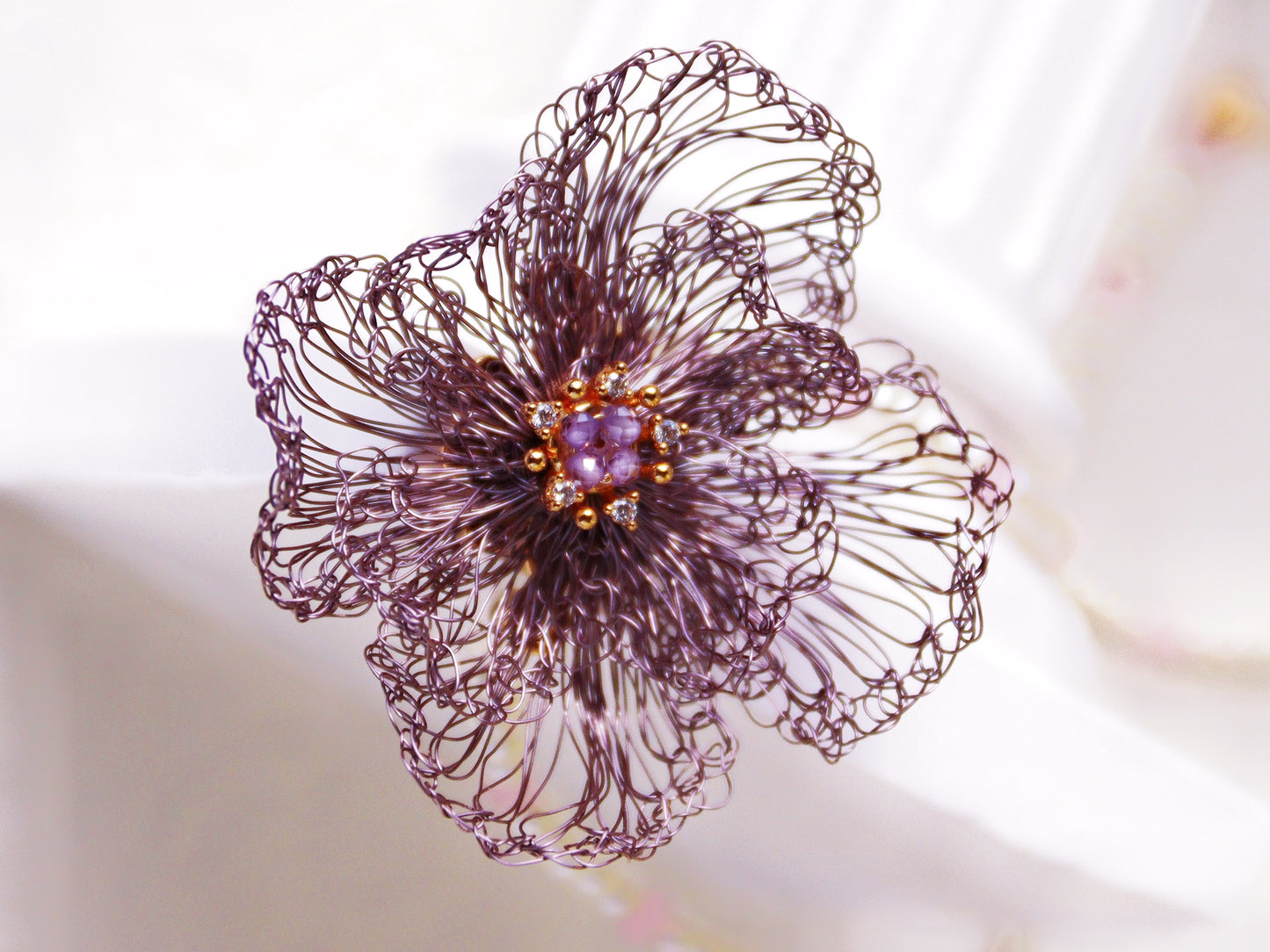 Amethyst Double Bloom Flower Choker – Hand-Crocheted Pearl Statement Necklace
