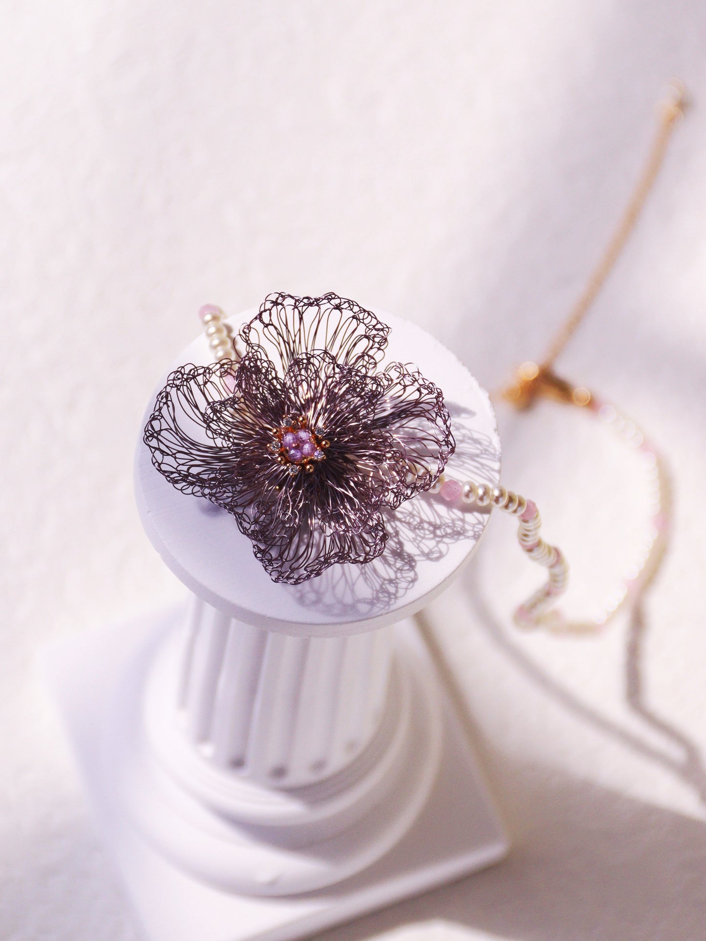 Amethyst Double Bloom Flower Choker – Hand-Crocheted Pearl Statement Necklace