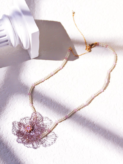 Amethyst Double Bloom Flower Choker – Hand-Crocheted Pearl Statement Necklace