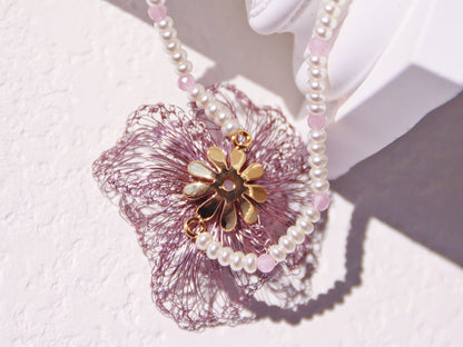 Amethyst Double Bloom Flower Choker – Hand-Crocheted Pearl Statement Necklace