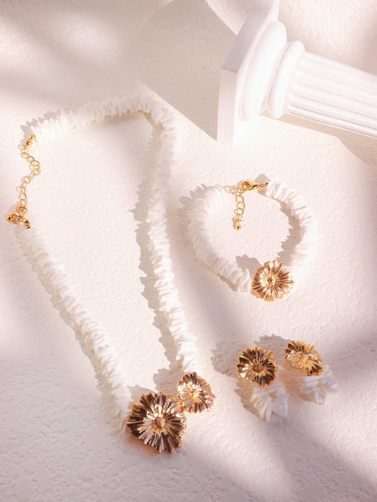 Summer Daisy Shell Jewelry Set – Beaded Necklace, Bracelet & Earrings