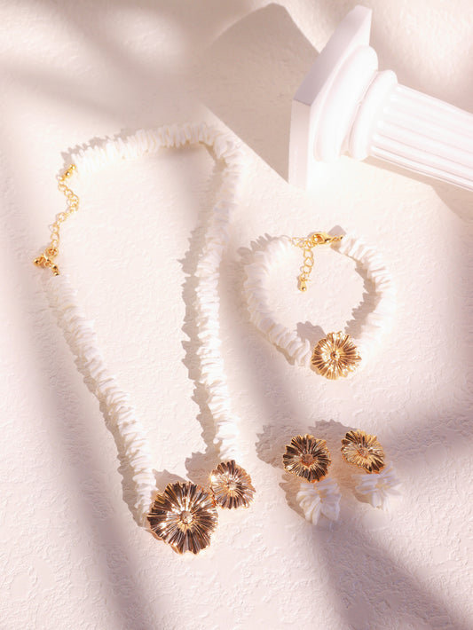 Summer Daisy Shell Jewelry Set – Beaded Necklace, Bracelet & Earrings