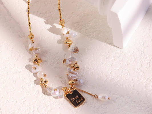 "Good Luck" Starburst & Pearl Necklace Set – Gold Satellite Chain Bridal Jewelry