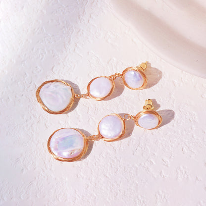 Wire-Wrapped Coin Pearl Statement Earrings – Gold Baroque Button Pearl Drops