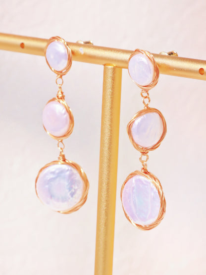 Wire-Wrapped Coin Pearl Statement Earrings – Gold Baroque Button Pearl Drops