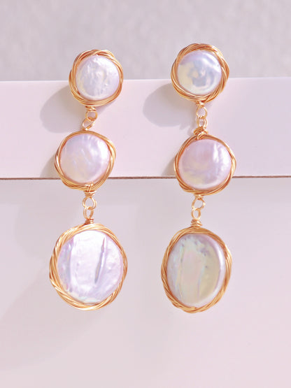 Wire-Wrapped Coin Pearl Statement Earrings – Gold Baroque Button Pearl Drops