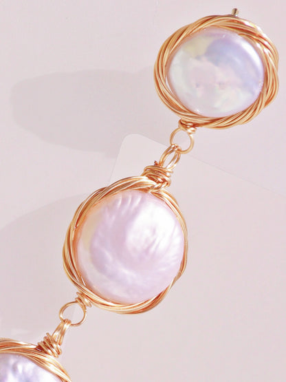 Wire-Wrapped Coin Pearl Statement Earrings – Gold Baroque Button Pearl Drops