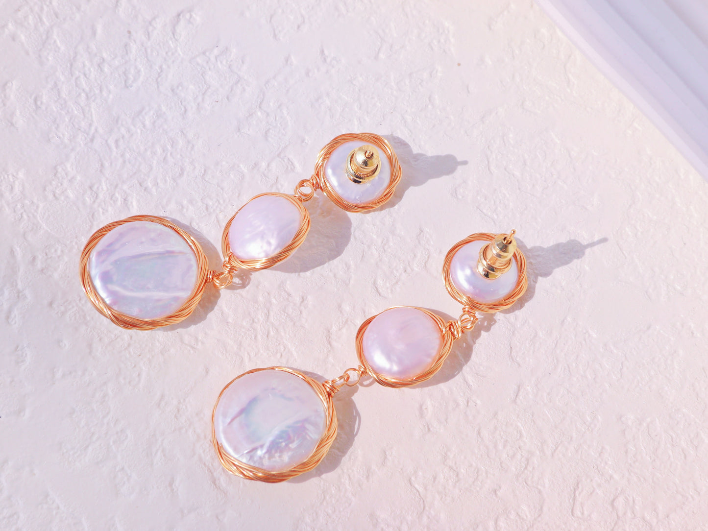 Wire-Wrapped Coin Pearl Statement Earrings – Gold Baroque Button Pearl Drops