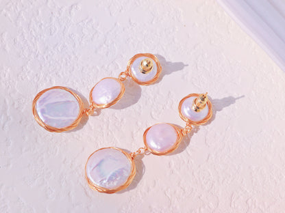 Wire-Wrapped Coin Pearl Statement Earrings – Gold Baroque Button Pearl Drops