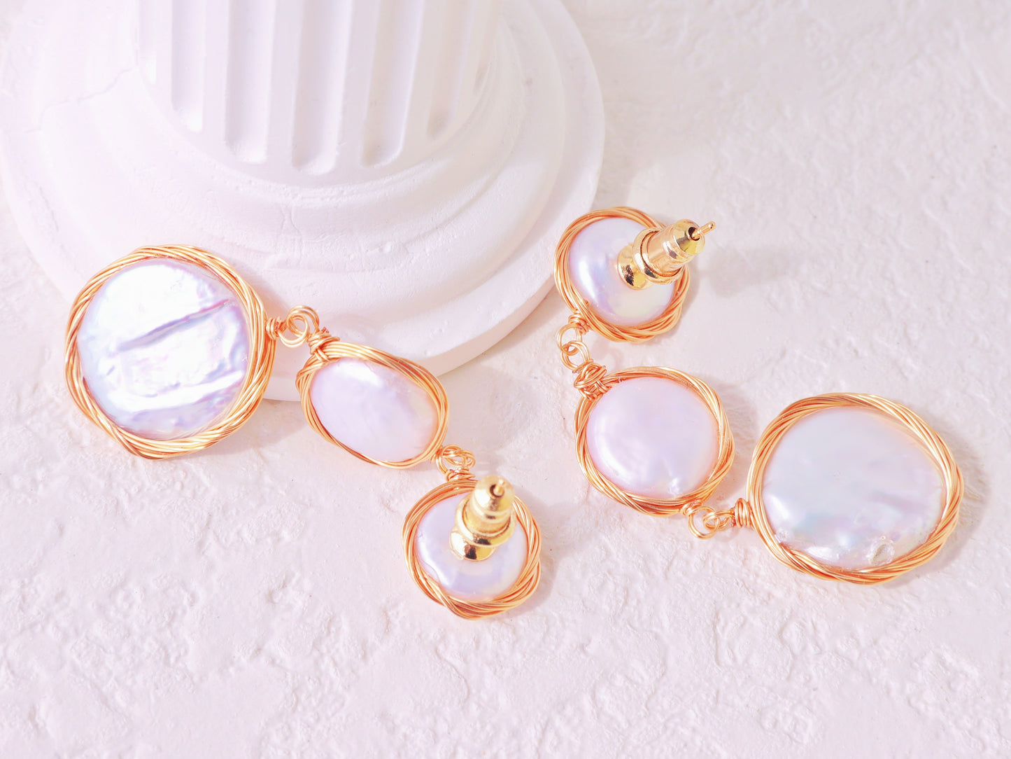 Wire-Wrapped Coin Pearl Statement Earrings – Gold Baroque Button Pearl Drops