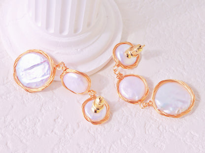 Wire-Wrapped Coin Pearl Statement Earrings – Gold Baroque Button Pearl Drops
