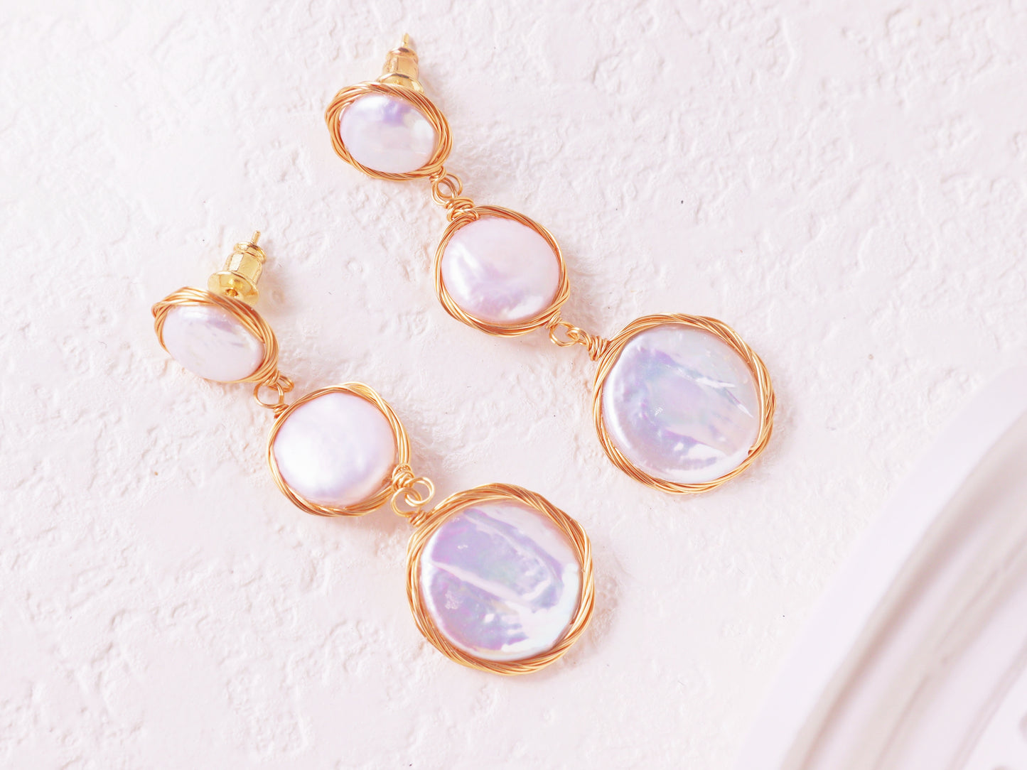 Wire-Wrapped Coin Pearl Statement Earrings – Gold Baroque Button Pearl Drops