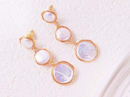 Wire-Wrapped Coin Pearl Statement Earrings – Gold Baroque Button Pearl Drops