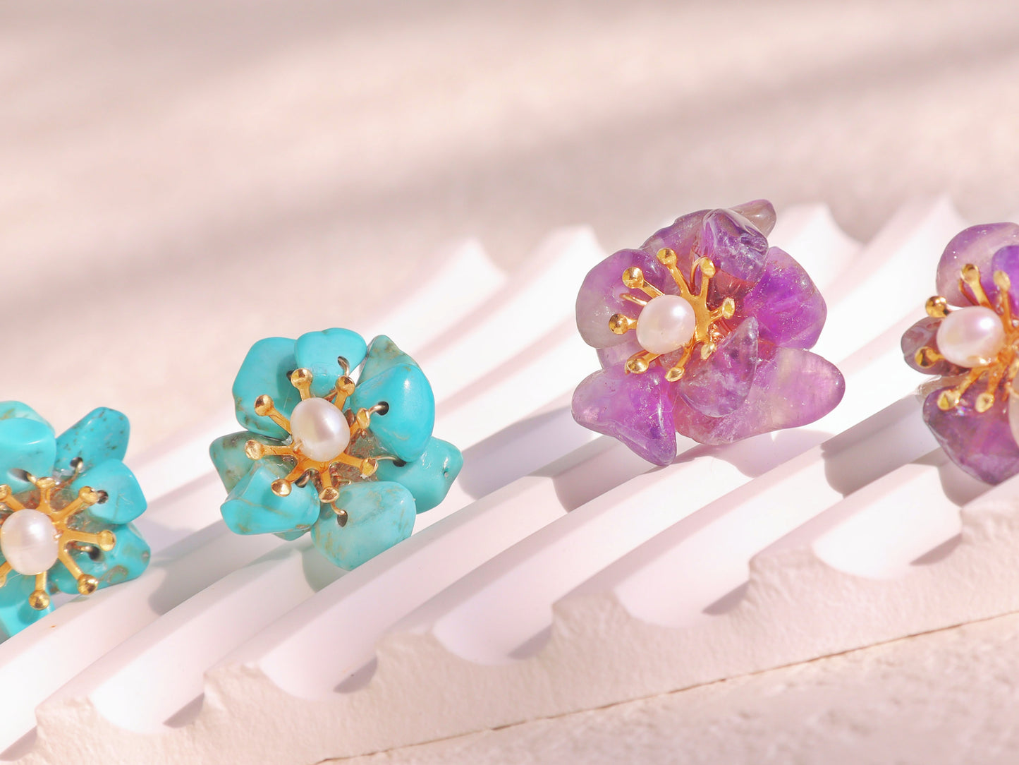 Natural Gemstone Flower Studs