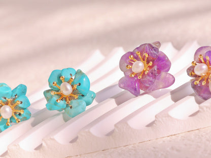 Natural Gemstone Flower Studs