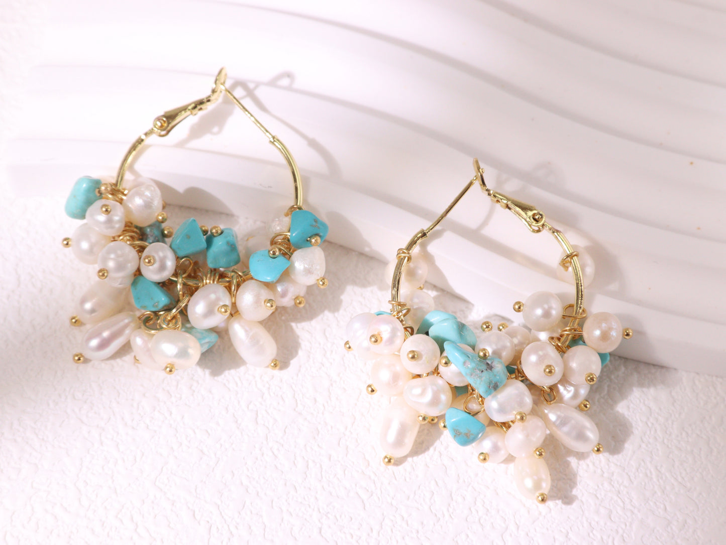 Gemstone Cluster Pearl Hoop Earrings – Amethyst & Turquoise Gold Accents