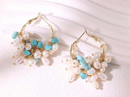 Gemstone Cluster Pearl Hoop Earrings – Amethyst & Turquoise Gold Accents