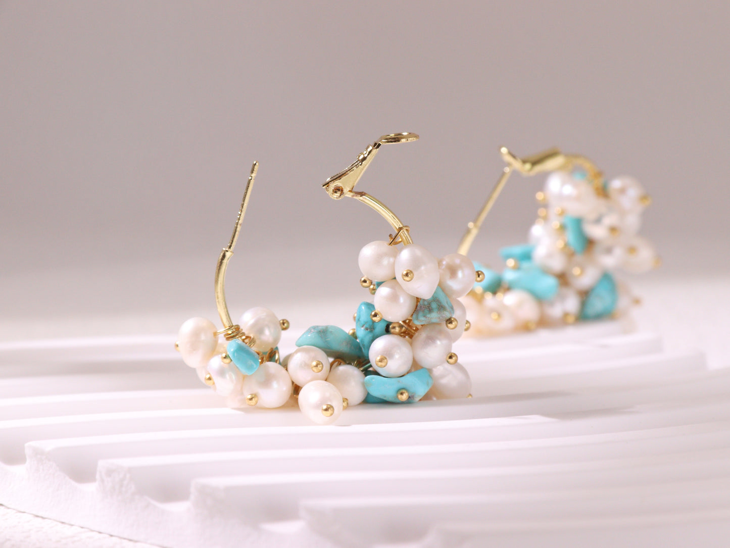 Gemstone Cluster Pearl Hoop Earrings – Amethyst & Turquoise Gold Accents