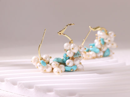 Gemstone Cluster Pearl Hoop Earrings – Amethyst & Turquoise Gold Accents