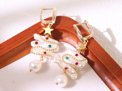 Christmas Tree Baroque Pearl Earrings – Festive Gold Plated Holiday Jewelry Gift