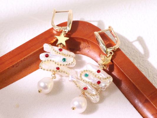 Christmas Tree Baroque Pearl Earrings – Festive Gold Plated Holiday Jewelry Gift