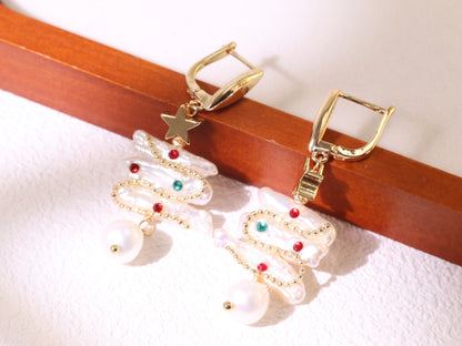 Christmas Tree Baroque Pearl Earrings – Festive Gold Plated Holiday Jewelry Gift