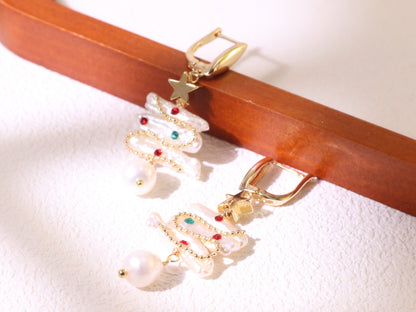 Christmas Tree Baroque Pearl Earrings – Festive Gold Plated Holiday Jewelry Gift