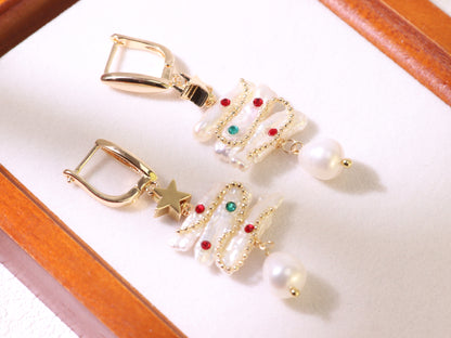 Christmas Tree Baroque Pearl Earrings – Festive Gold Plated Holiday Jewelry Gift