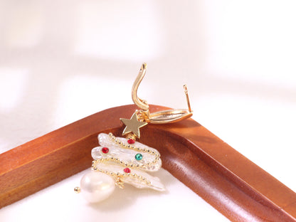 Christmas Tree Baroque Pearl Earrings – Festive Gold Plated Holiday Jewelry Gift