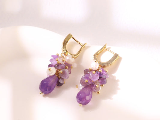 Amethyst Pearl Cluster Ear Clips – Gold Plated Brass