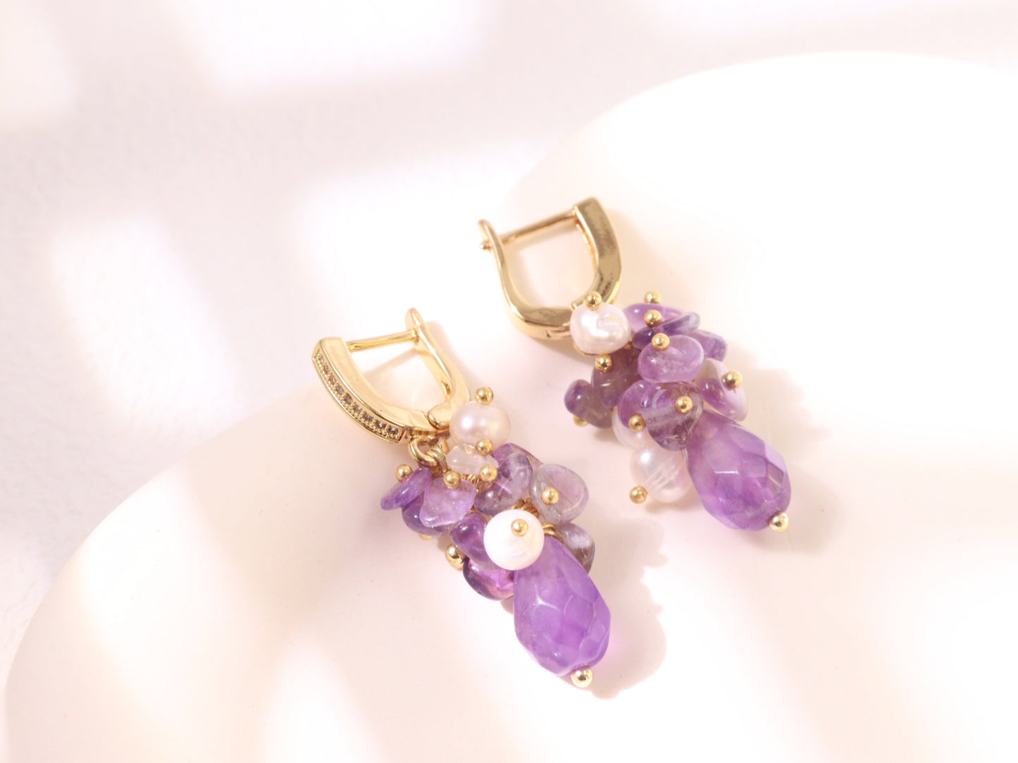 Amethyst Pearl Cluster Ear Clips – Gold Plated Brass
