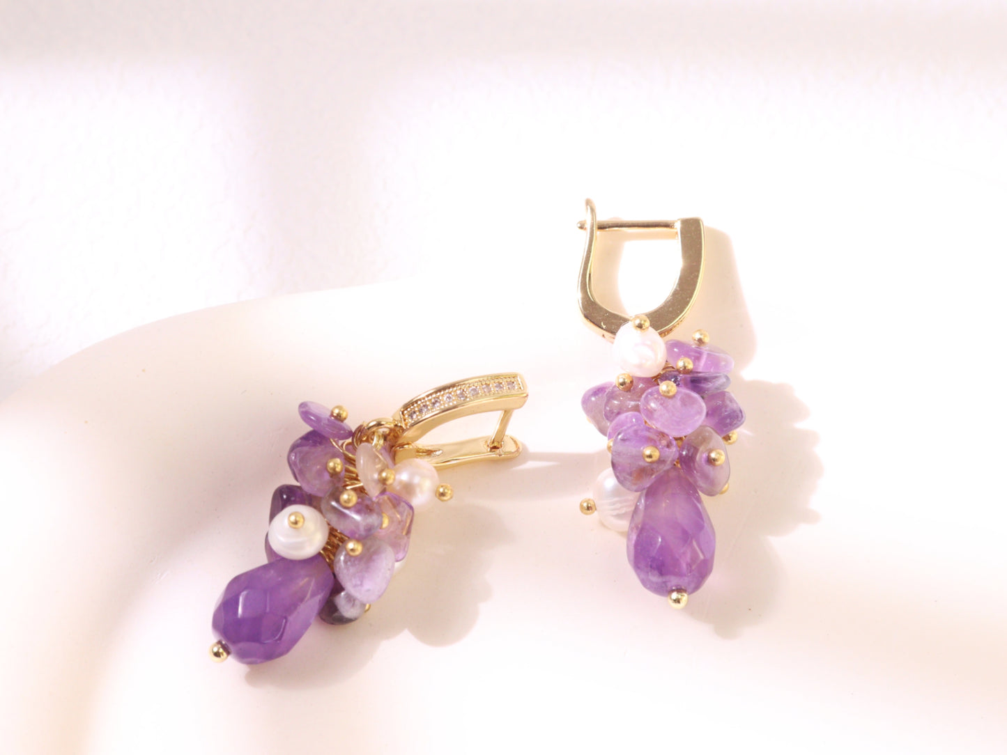 Amethyst Pearl Cluster Ear Clips – Gold Plated Brass