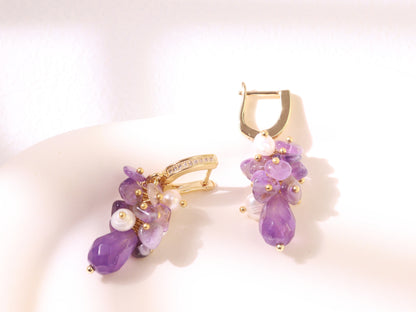 Amethyst Pearl Cluster Ear Clips – Gold Plated Brass