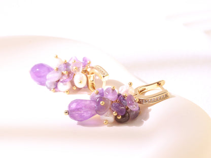 Amethyst Pearl Cluster Ear Clips – Gold Plated Brass