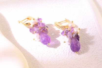 Amethyst Pearl Cluster Ear Clips – Gold Plated Brass