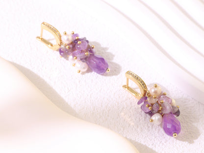 Amethyst Pearl Cluster Ear Clips – Gold Plated Brass