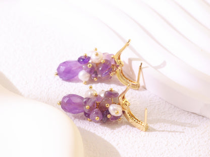 Amethyst Pearl Cluster Ear Clips – Gold Plated Brass